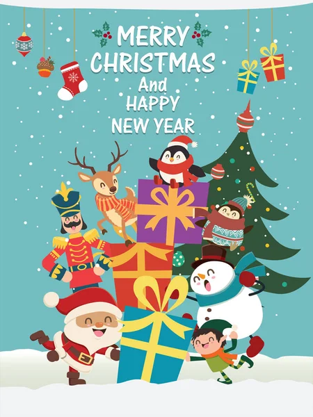 Vintage Disegno Poster Natale Con Vettoriale Soldato Giocattolo Babbo Natale — Vettoriale Stock