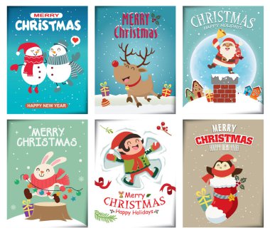 Vintage Noel poster tasarımı ile vektör Noel Baba, elf, Penguen, tavşan, karakterler.