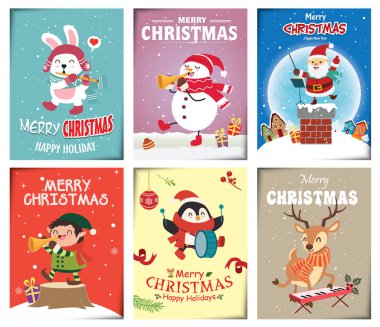 Vintage Noel poster tasarımı ile vektör Noel Baba, elf, Penguen, tavşan, karakterler.