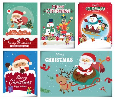 Vintage Noel poster tasarımı ile vektör Noel Baba, elf, oyuncak asker karakterler.