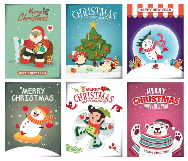 Vintage Noel poster tasarımı ile vektör Noel Baba, elf, Penguen, karakterler.