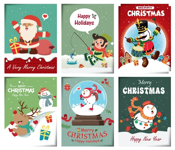 Vintage Noel poster tasarımı ile vektör Noel Baba, elf, oyuncak asker karakterler.