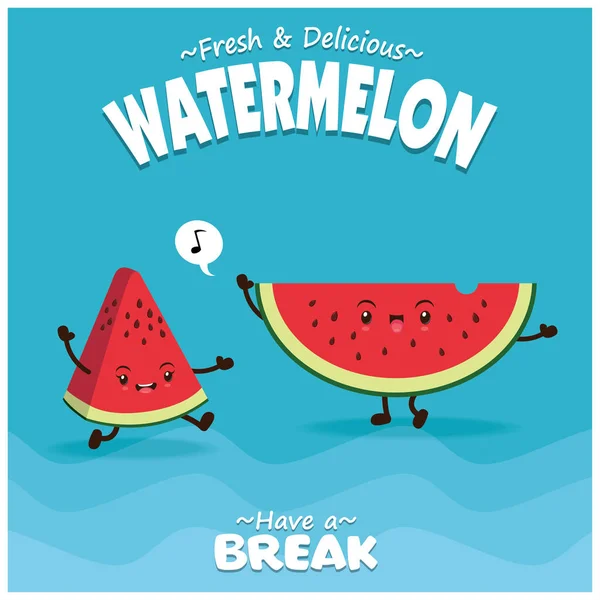 Vintage Frucht Poster Design Mit Vektor Wassermelone Charakter — Stockvektor