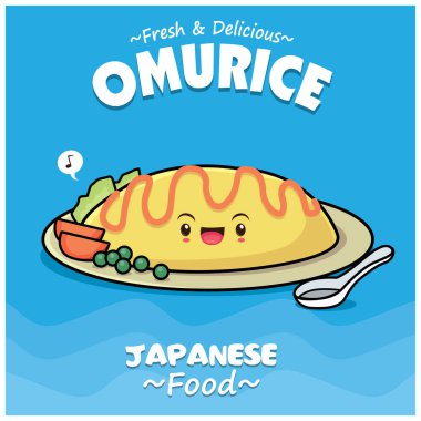 Vintage Japon yemekleri afiş tasarımı ile vektör Omurice karakterler.