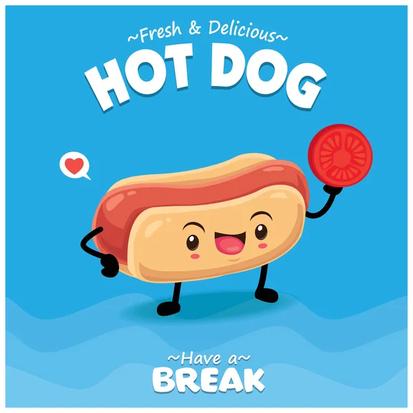 Desain Poster Makanan Antik Dengan Karakter Vektor Hot Dog - Stok Vektor