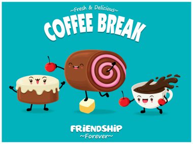 Vintage gıda afiş tasarımı vektör pasta, İsviçre rulo, kahve karakter ile.