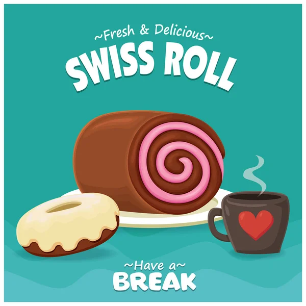 Projekt Plakatu Żywności Vintage Wektor Swiss Roll Pączki Kawa — Wektor stockowy