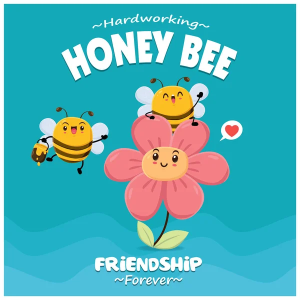 Vintage Design Plakátu Hmyz Vektorové Honey Bee Flower Charakter — Stockový vektor