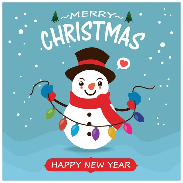 Vintage Christmas Poster Design Vector Snowman Characters — Stock Vector