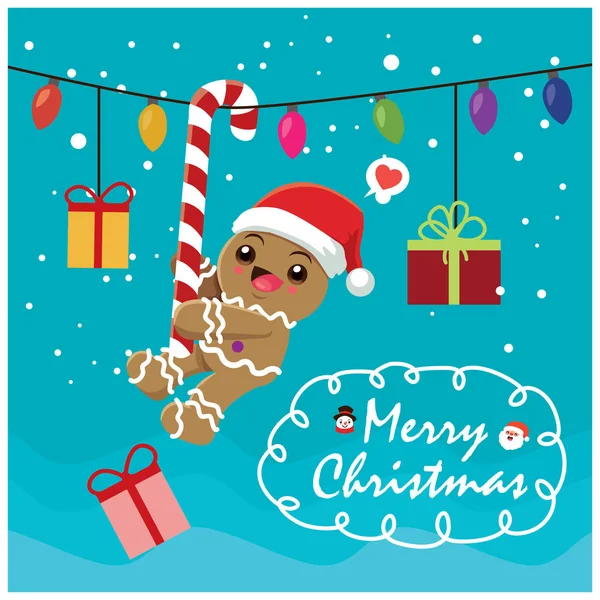 Vintage Kerst Poster Ontwerp Met Vector Peperkoek Man Santa Claus — Stockvector