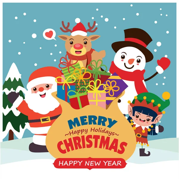 Vintage Christmas Poster Design Vector Snowman Reindeer Elf Santa Claus — ストックベクタ