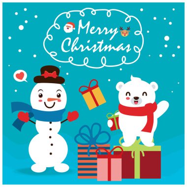 Vektör ayı, kardan adam, ren geyiği, Noel Baba karakterli klasik Noel posteri tasarımı..