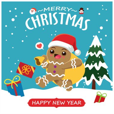 Zencefilli kurabiye adam, Noel Baba, kardan adam karakterli klasik Noel posteri tasarımı..