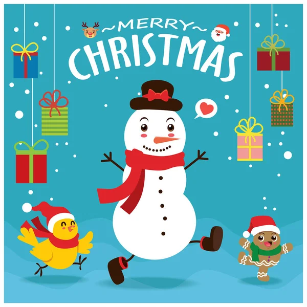 Винтажный Рождественский Плакат Векторным Человечком Санта Клаусом Снеговиком Северным Оленем — стоковый вектор