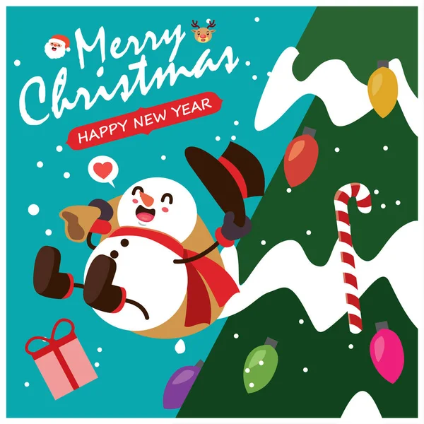 用矢量雪人 圣诞老人等人物设计的老式圣诞海报 — 图库矢量图片