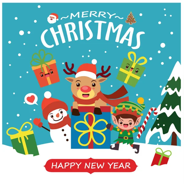 Vintage Christmas Poster Design Vector Santa Claus Elf Snowman Reindeer — Stock Vector