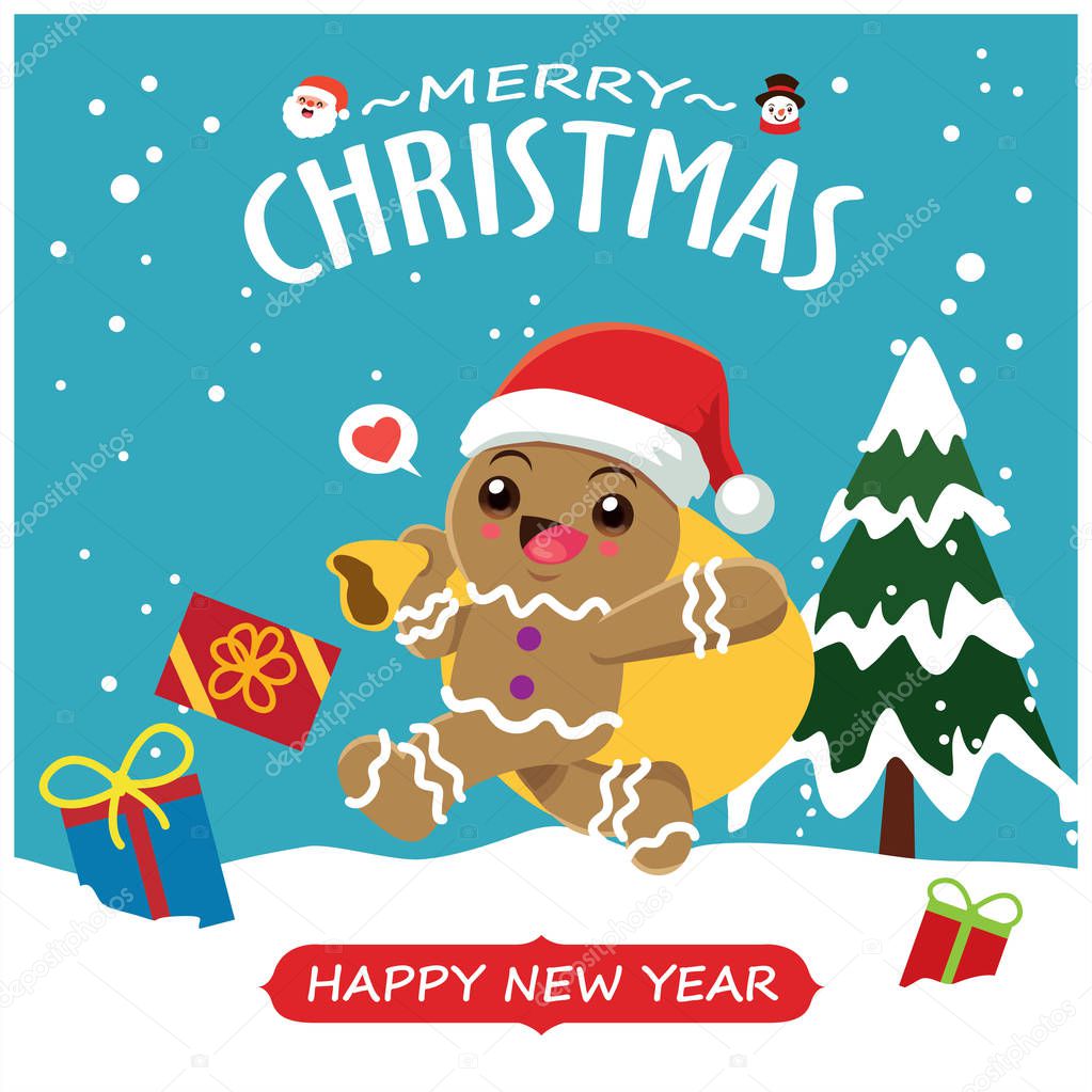 Vintage Christmas poster design with vector gingerbread man, Santa Claus, snowman characters.