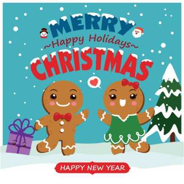 Zencefilli kurabiye adam, Noel Baba, kardan adam karakterli klasik Noel posteri tasarımı..