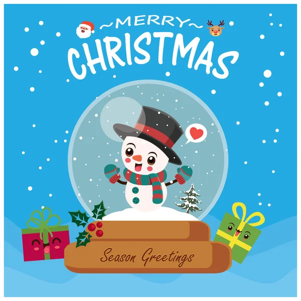 Vintage Vánoční Plakát Design Vektorem Sněhulák Santa Claus Sobí Znaky — Stockový vektor