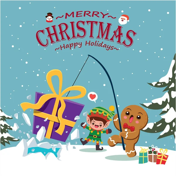 Винтажный Дизайн Рождественского Плаката Векторным Пряничным Человечком Санта Клаусом Снеговиком — стоковый вектор