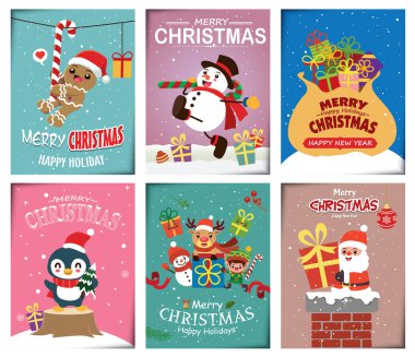 Kardan Adam, Noel Baba, ren geyiği, elf, penguen, zencefilli kurabiye adam karakterleri içeren klasik bir Noel posteri seti..