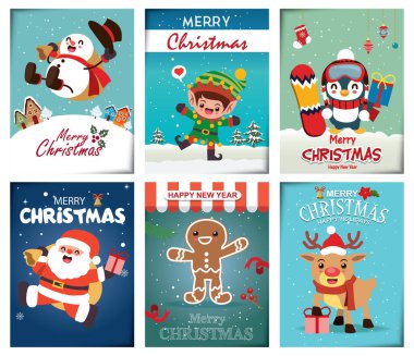 Kardan Adam, Noel Baba, ren geyiği, elf, penguen, zencefilli kurabiye adam karakterleri içeren klasik bir Noel posteri seti..