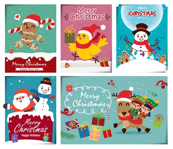 Vintage Kerst Poster Ontwerp Set Met Vector Snowman Santa Claus — Stockvector