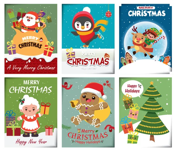 Vintage Christmas Poster Design Set Vector Snowman Santa Claus Reindeer — Stock vektor