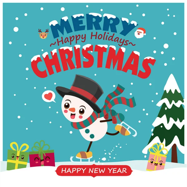Винтажный Рождественский Плакат Снеговиком Санта Клаусом Оленями Персонажами — стоковый вектор