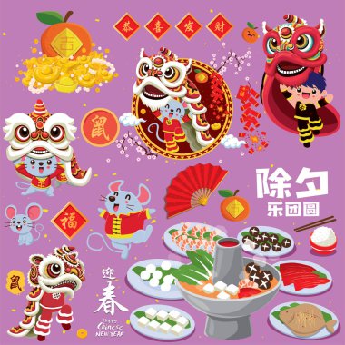 Klasik Çin yılbaşı poster seti. Çince çeviri: Hoşgeldiniz yeni yıl ilkbaharı, yeni yıl arifesinde kavuşma, size refah ve zenginlik, iyi talih, sıçan, uğurlu.