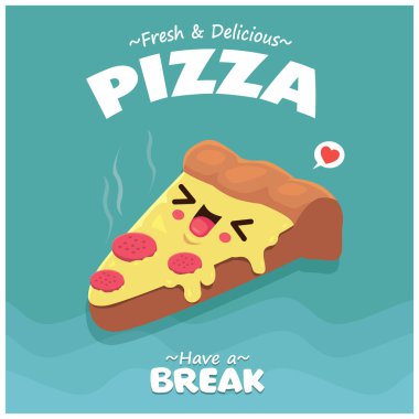 Vektör pizza karakterli klasik yemek posteri tasarımı.