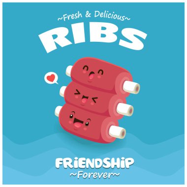 Vintage Meat poster design with vector ribs character. 