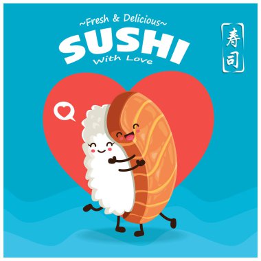 Sake sushi karakterli klasik suşi poster tasarımı. Çince 'de suşi demek..