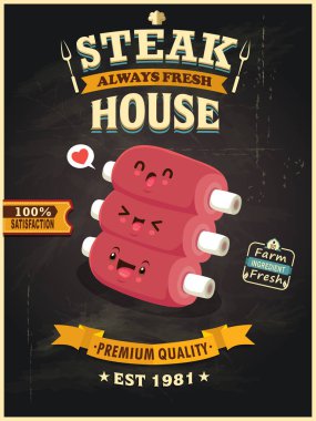 Vintage Meat poster design with vector ribs character. 