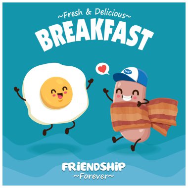Vintage poster design with vector hot dog, bacon & egg character. 