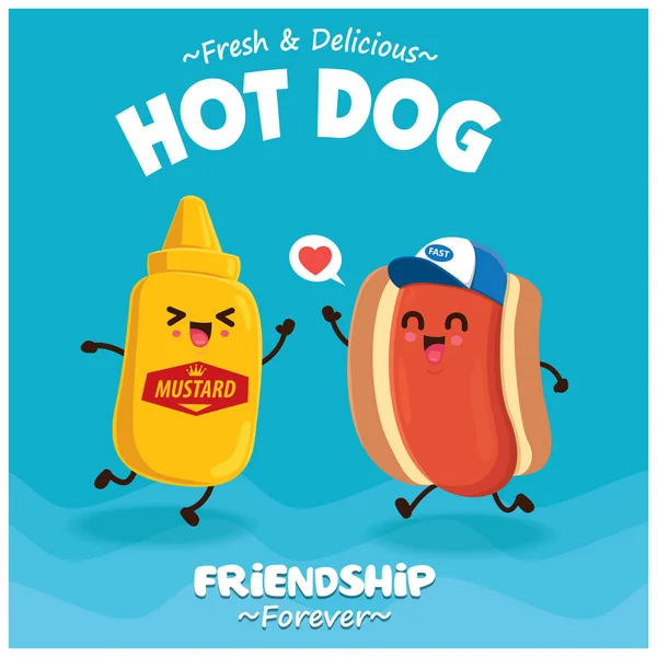 Vintage Hot Dog Poster Design Vector Hot Dog Mustard Character — Stockový vektor