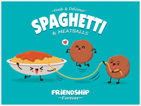 Poster Design Vintage Avec Spaghetti Vectoriel Personnage Boulettes Viande — Image vectorielle