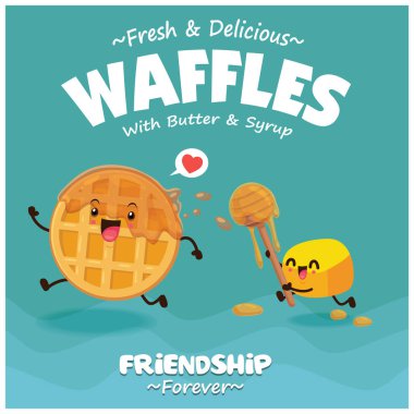 Vektör waffle, tereyağı ve bal karakterli klasik poster tasarımı. 