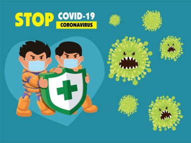 Vektör çizgi film kahramanı karakter virüsle savaşıyor. COVID-19 Coronavirus Çizim İstasyonu.