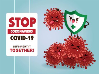 Vektör çizgi film kahramanı karakter virüsle savaşıyor. COVID-19 Coronavirus Çizim İstasyonu.