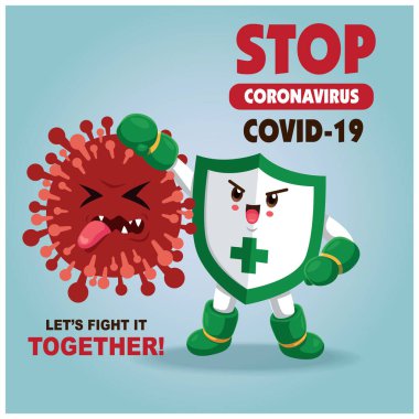 Vektör çizgi film kahramanı karakter virüsle savaşıyor. COVID-19 Coronavirus Çizim İstasyonu.