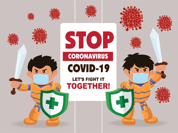 Vektör çizgi film kahramanı karakter virüsle savaşıyor. COVID-19 Coronavirus Çizim İstasyonu.