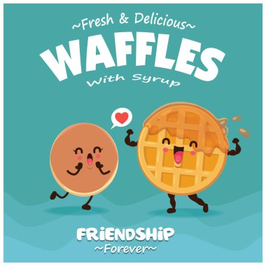 Vektör waffle, krep ve bal karakterli klasik poster tasarımı. 