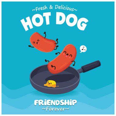 Vektör hot dog ve tereyağı karakterli klasik poster tasarımı. 