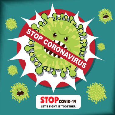 Vektör çizgi film kahramanı karakter virüsle savaşıyor. COVID-19 Coronavirus Çizim İstasyonu.