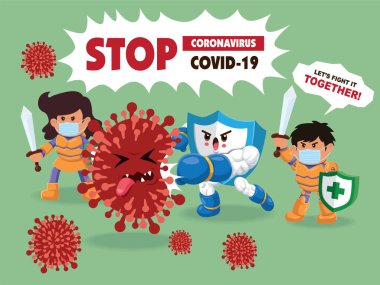 Vektör çizgi film kahramanı karakter virüsle savaşıyor. COVID-19 Coronavirus Çizim İstasyonu.