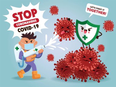 Vektör çizgi film kahramanı karakter virüsle savaşıyor. COVID-19 Coronavirus Çizim İstasyonu.