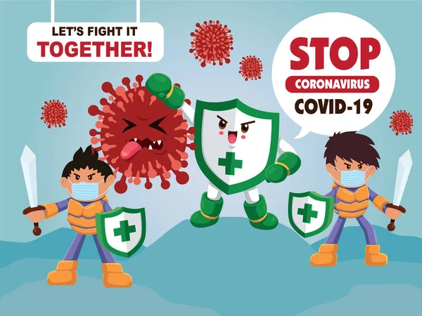 Vector Cartoon Held Karakter Vechten Met Het Virus Covid Nieuwe — Stockvector