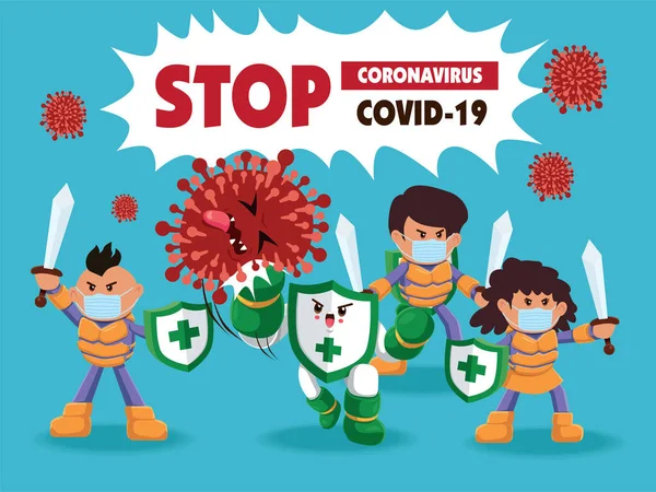 Vector Cartoon Held Charakter Kämpft Mit Dem Virus Covid Novel — Stockvektor