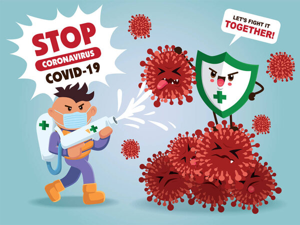 Vector cartoon hero character fighting with virus. COVID-19 Novel Coronavirus illustation.